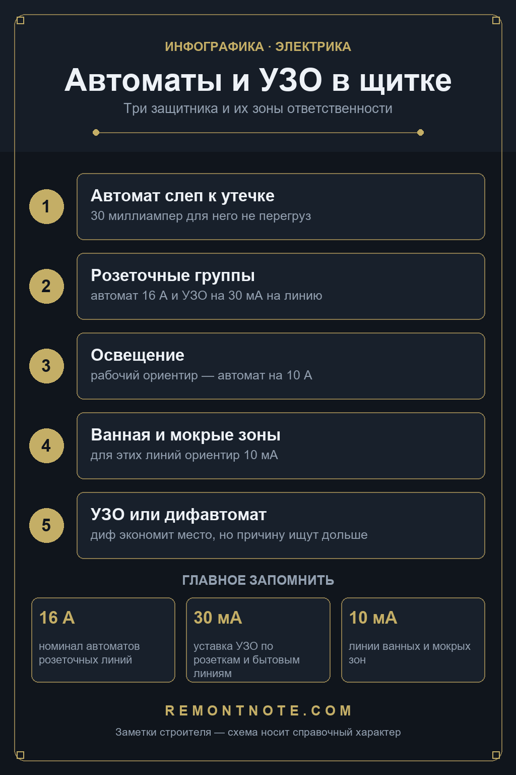 Схема защиты линий в щитке: автомат 16 А на розетки, 10 А на свет, УЗО 30 миллиампер по бытовым линиям и 10 миллиампер в ванной, дифавтомат против связки УЗО плюс автомат