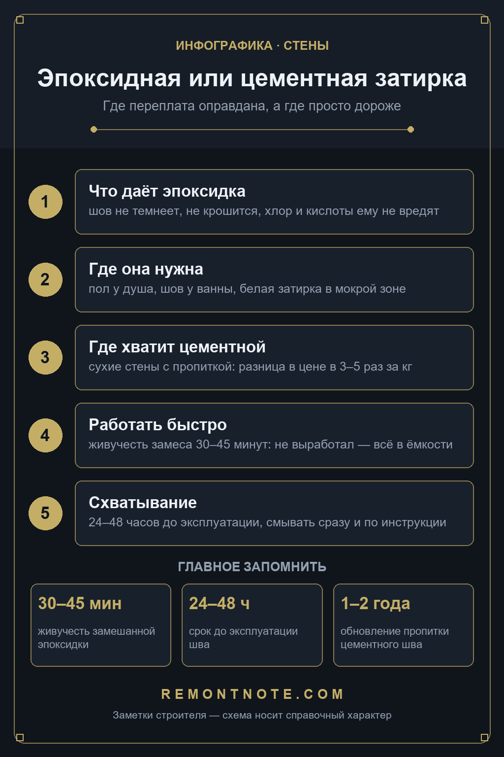Схема выбора затирки: где нужна эпоксидная, живучесть замеса 30-45 минут, 24-48 часов до эксплуатации шва