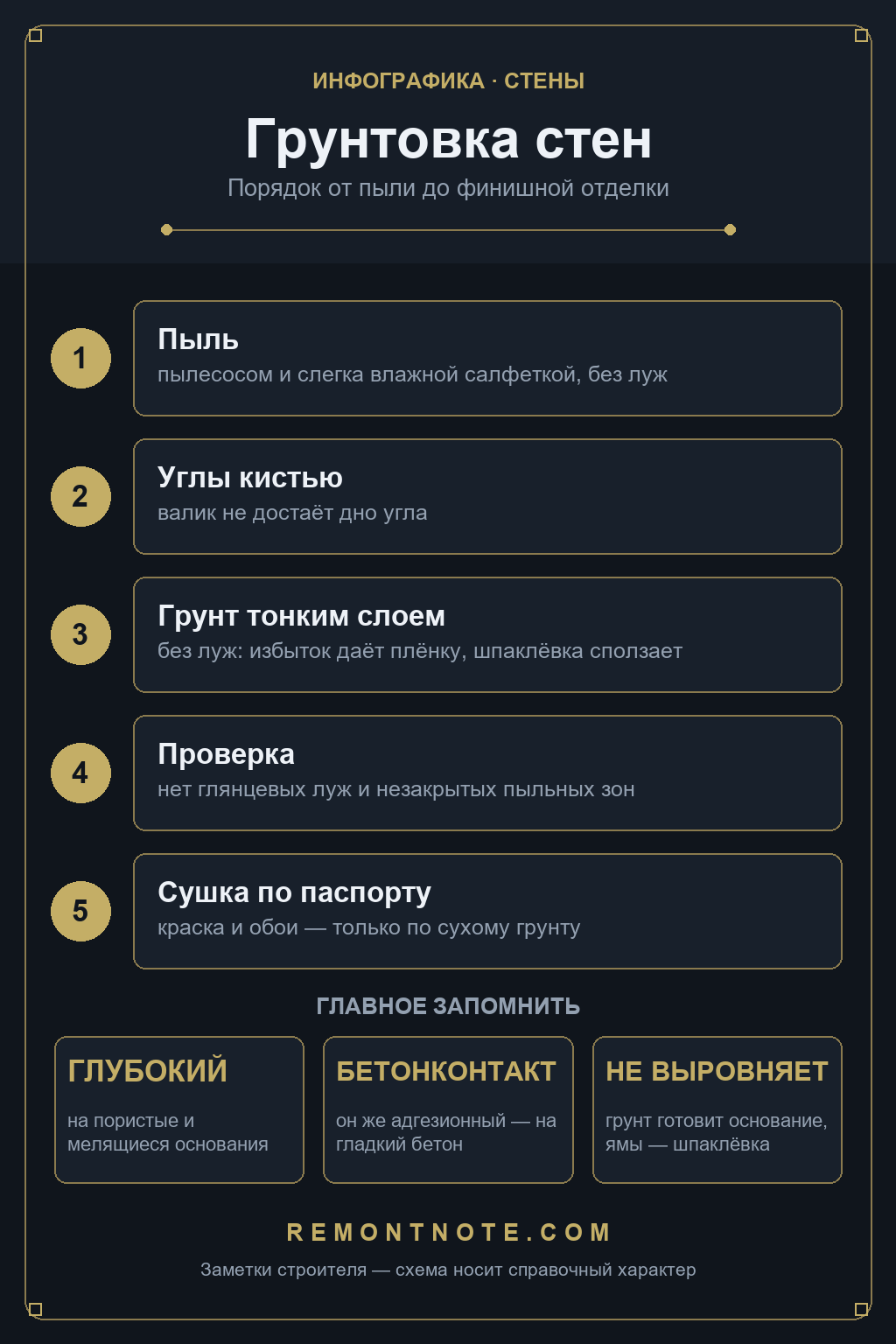 Схема грунтовки стен: пыль пылесосом и влажной салфеткой, углы кистью, грунт тонким слоем без луж, проверка на глянец и пыльные зоны, сушка по паспорту, глубокий грунт на пористое, бетонконтакт на гладкий бетон