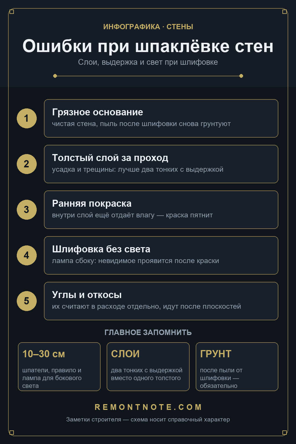 Схема ошибок при шпаклёвке стен: чистая стена и грунт после пыли, два тонких слоя вместо толстого, ранняя покраска пятнит из-за влаги, шлифовка с лампой сбоку, углы и откосы в расходе отдельно, шпатели 10-30 см