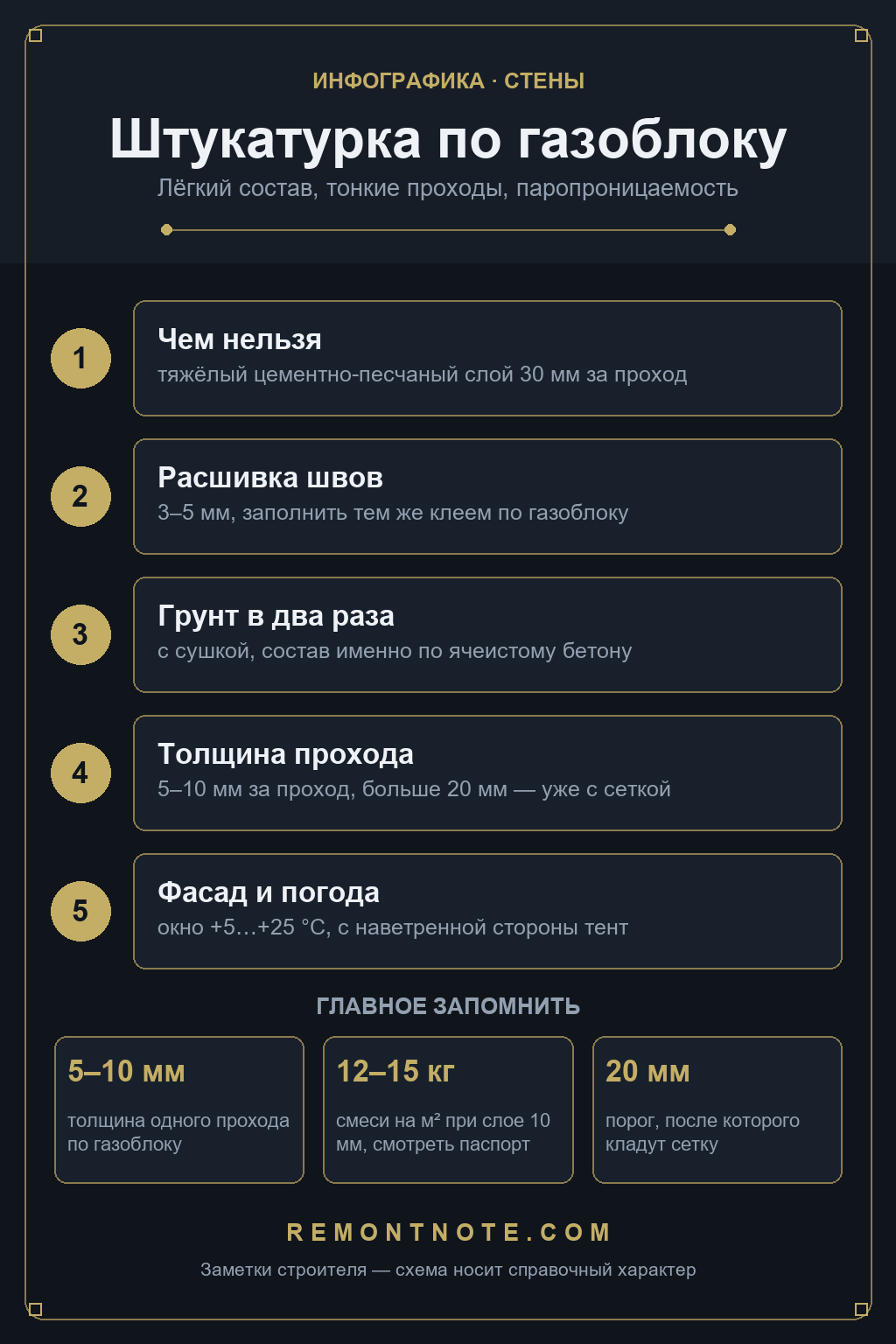 Схема штукатурки по газоблоку: расшивка швов 3-5 мм, грунт в два раза с сушкой, 5-10 мм за проход, сетка после 20 мм суммарного слоя, окно работ от +5 до +25 градусов