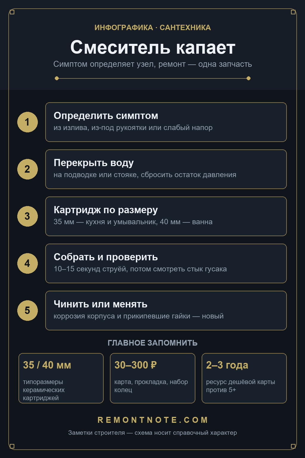 Схема ремонта капающего смесителя: определить симптом, перекрыть воду, картридж 35 мм на кухню и умывальник или 40 мм на ванну, проверка 10-15 секунд, чинить или менять