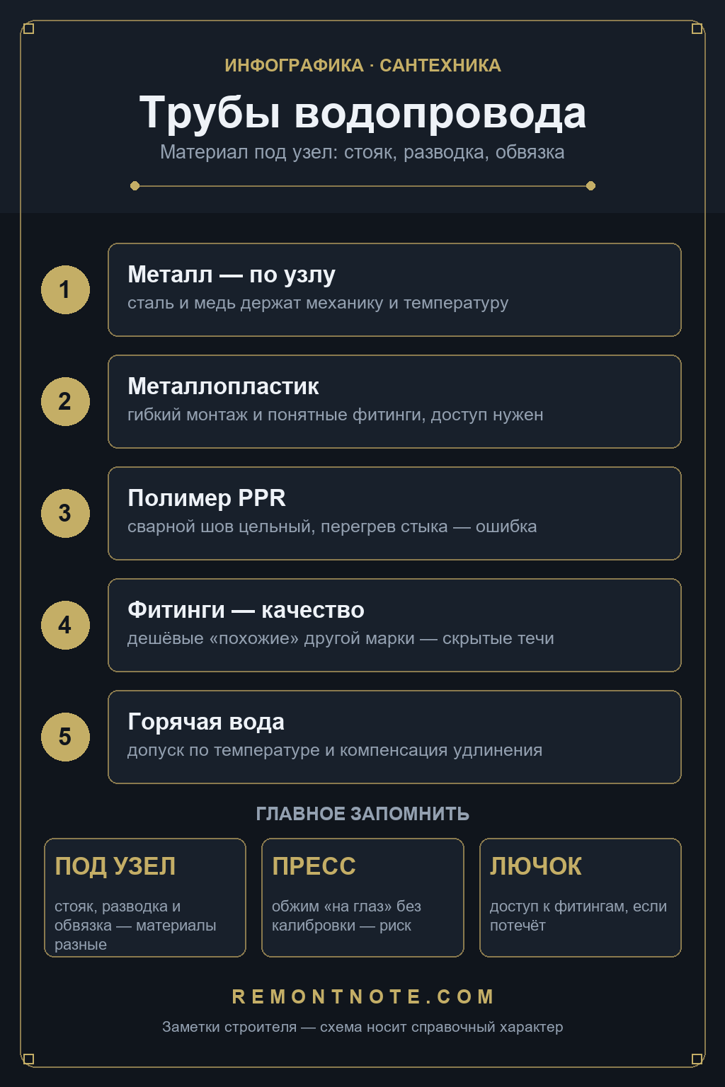 Схема выбора труб для водопровода: материал под узел — стояк, разводка, обвязка, сталь и медь на жёстких участках, металлопластик с прессом и доступом к фитингам, полимер PPR со сварным швом без перегрева стыка, качественные фитинги вместо дешёвых аналогов, на горячей воде допуск по температуре и компенсация удлинения