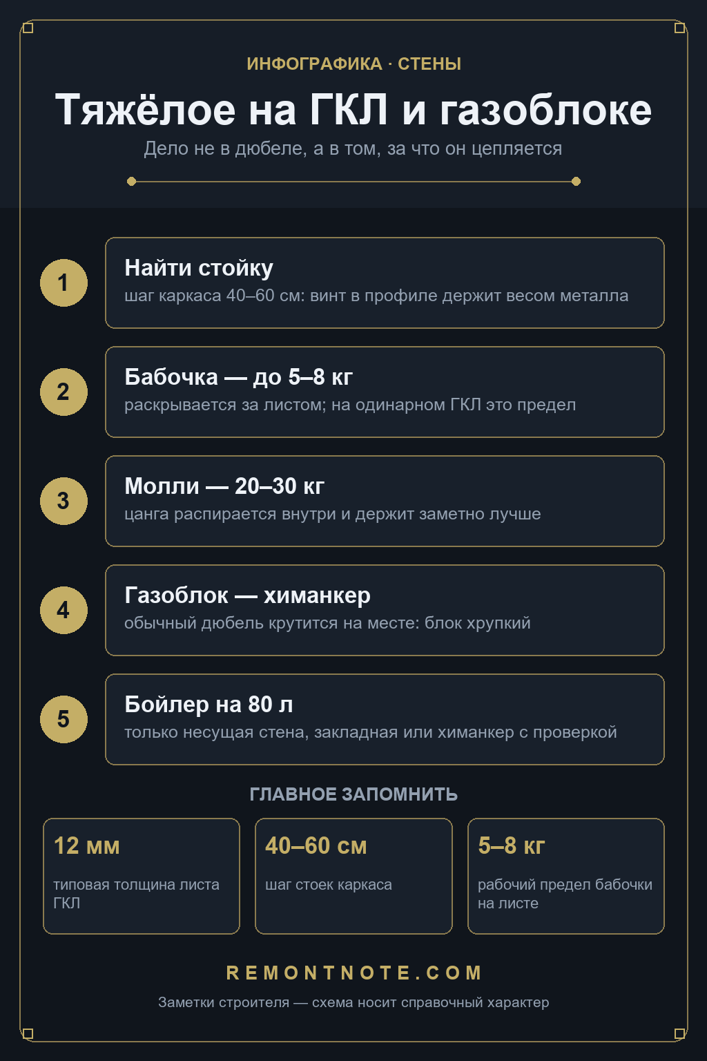 Схема крепежа тяжёлого на ГКЛ и газоблоке: шаг стоек 40-60 см, бабочка до 5-8 кг, молли 20-30 кг, толщина листа 12 мм, бойлер только в несущую стену