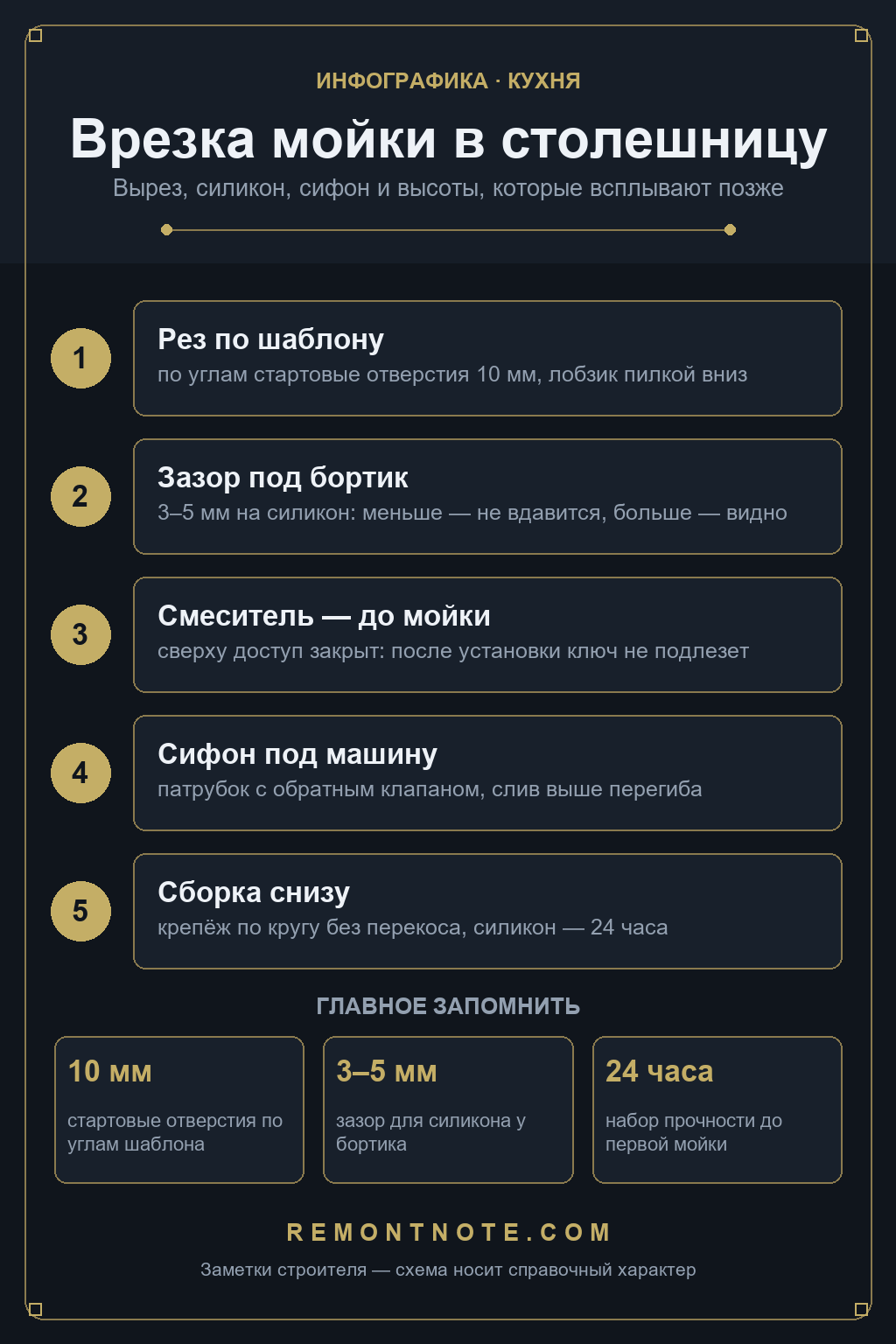 Схема врезки мойки: стартовые отверстия 10 мм, зазор под силикон 3-5 мм, смеситель до установки мойки, 24 часа на силикон