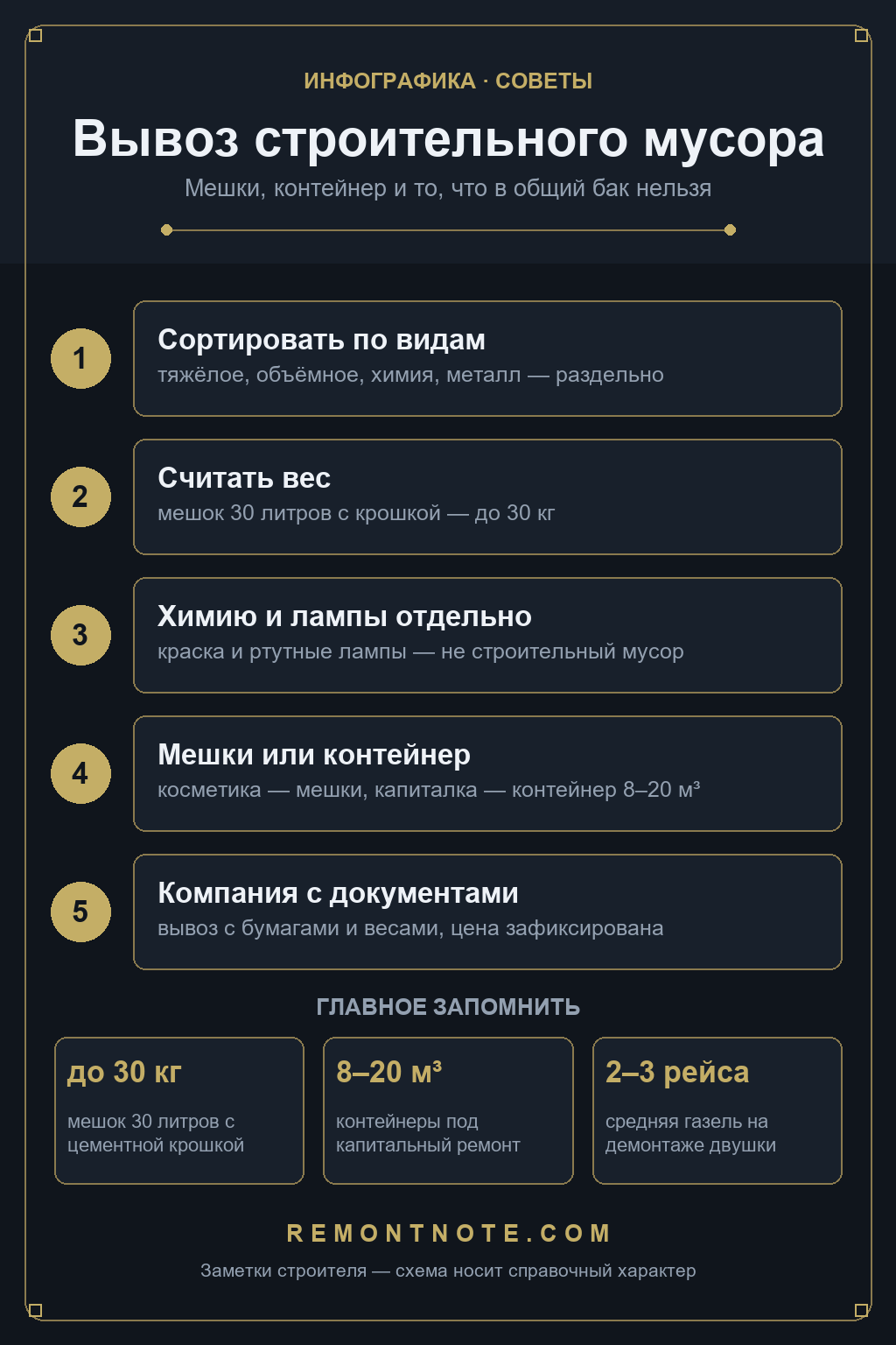 Схема вывоза строительного мусора: сортировка, мешок до 30 кг, химия и лампы отдельно, контейнеры 8-20 кубометров, 2-3 рейса газели на демонтаже